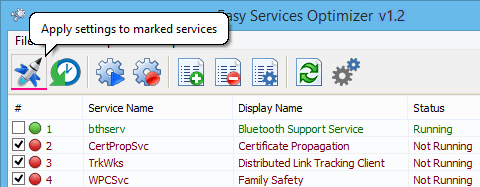 Apply Settings action in focus with the reviewed services list still visible underneath