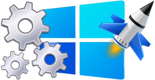 Stylized illustration: Windows mark with layered gear motifs and a small ascent motif suggesting lighter background load