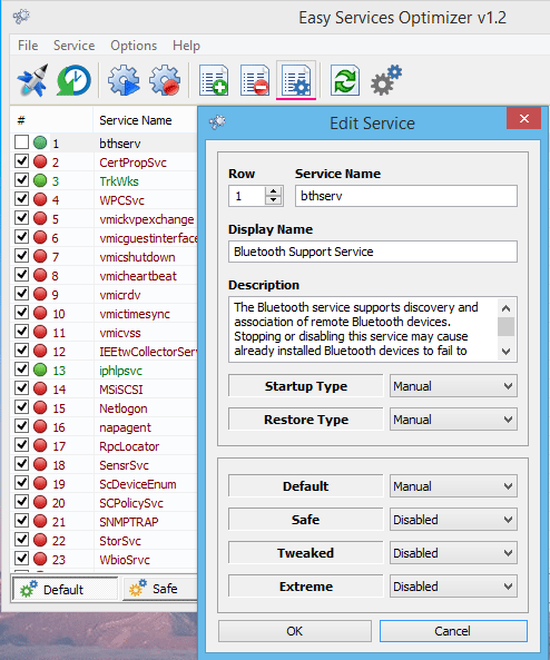 Modal dialog titled Edit Service showing startup type, restore type, and grouped state actions