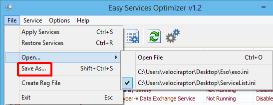 File drop-down open with Open, Save As, Create Reg File, and a short list of recent service list paths