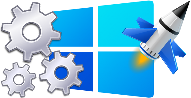 Flat product artwork on a dark panel: stylized desktop tower beside a compact settings badge