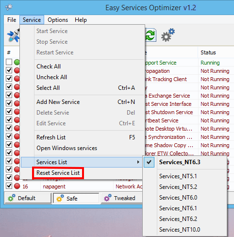 Service menu expanded with Reset Service List emphasized among maintenance actions