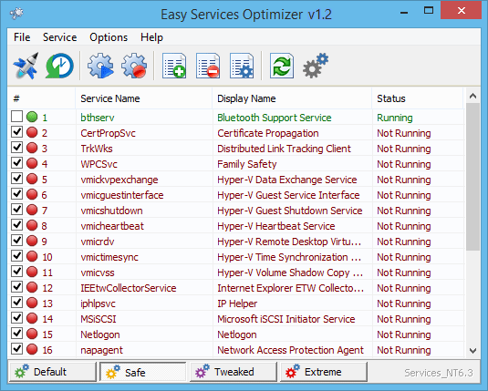 Application window with preset strip (Default, Safe, Tweaked, Extreme) above a wide services table and status hints